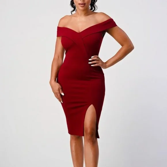 knee length dresses for ladies Off-Shoulder Dress in Burgundy Black Lace